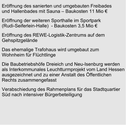 Eröffnung des sanierten und umgebauten Freibades und Hallenbades mit Sauna – Baukosten 11 Mio € Eröffnung der weiteren Sporthalle im Sportpark (Rudi-Seiferlein-Halle)  - Baukosten 3,5 Mio € Eröffnung des REWE-Logistik-Zentrums auf dem Gehspitzgelände Das ehemalige Trafohaus wird umgebaut zum Wohnheim für Flüchtlinge Die Baubetriebshöfe Dreieich und Neu-Isenburg werden als Interkommunales Leuchtturmprojekt vom Land Hessen ausgezeichnet und zu einer Anstalt des Öffentlichen Rechts zusammengefasst Verabschiedung des Rahmenplans für das Stadtquartier Süd nach intensiver Bürgerbeteiligung