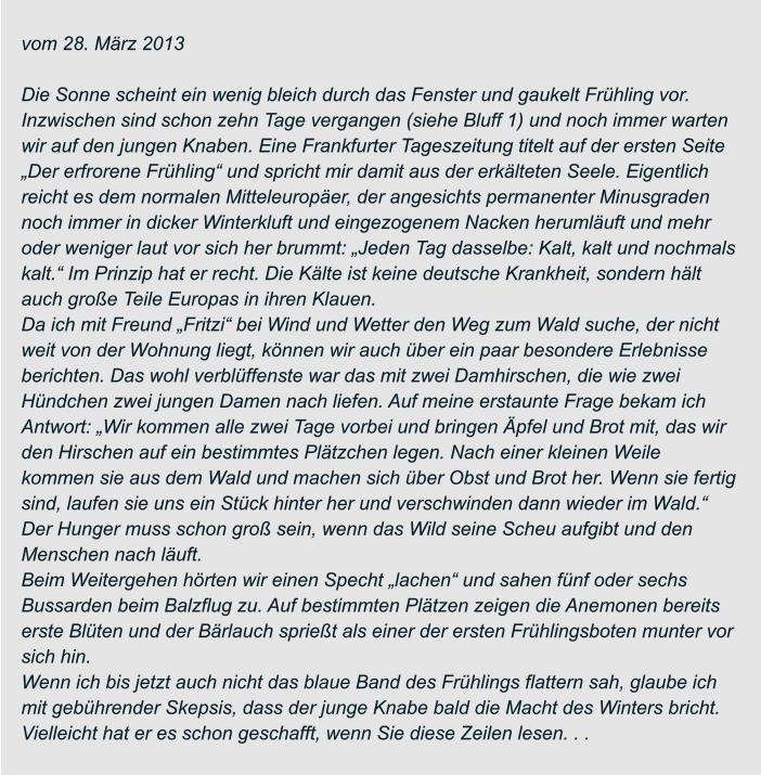 vom 28. März 2013  Die Sonne scheint ein wenig bleich durch das Fenster und gaukelt Frühling vor.  Inzwischen sind schon zehn Tage vergangen (siehe Bluff 1) und noch immer warten  wir auf den jungen Knaben. Eine Frankfurter Tageszeitung titelt auf der ersten Seite  „Der erfrorene Frühling“ und spricht mir damit aus der erkälteten Seele. Eigentlich  reicht es dem normalen Mitteleuropäer, der angesichts permanenter Minusgraden  noch immer in dicker Winterkluft und eingezogenem Nacken herumläuft und mehr  oder weniger laut vor sich her brummt: „Jeden Tag dasselbe: Kalt, kalt und nochmals  kalt.“ Im Prinzip hat er recht. Die Kälte ist keine deutsche Krankheit, sondern hält  auch große Teile Europas in ihren Klauen. Da ich mit Freund „Fritzi“ bei Wind und Wetter den Weg zum Wald suche, der nicht  weit von der Wohnung liegt, können wir auch über ein paar besondere Erlebnisse  berichten. Das wohl verblüffenste war das mit zwei Damhirschen, die wie zwei  Hündchen zwei jungen Damen nach liefen. Auf meine erstaunte Frage bekam ich  Antwort: „Wir kommen alle zwei Tage vorbei und bringen Äpfel und Brot mit, das wir  den Hirschen auf ein bestimmtes Plätzchen legen. Nach einer kleinen Weile  kommen sie aus dem Wald und machen sich über Obst und Brot her. Wenn sie fertig  sind, laufen sie uns ein Stück hinter her und verschwinden dann wieder im Wald.“ Der Hunger muss schon groß sein, wenn das Wild seine Scheu aufgibt und den  Menschen nach läuft. Beim Weitergehen hörten wir einen Specht „lachen“ und sahen fünf oder sechs  Bussarden beim Balzflug zu. Auf bestimmten Plätzen zeigen die Anemonen bereits  erste Blüten und der Bärlauch sprießt als einer der ersten Frühlingsboten munter vor  sich hin. Wenn ich bis jetzt auch nicht das blaue Band des Frühlings flattern sah, glaube ich  mit gebührender Skepsis, dass der junge Knabe bald die Macht des Winters bricht.  Vielleicht hat er es schon geschafft, wenn Sie diese Zeilen lesen. . .